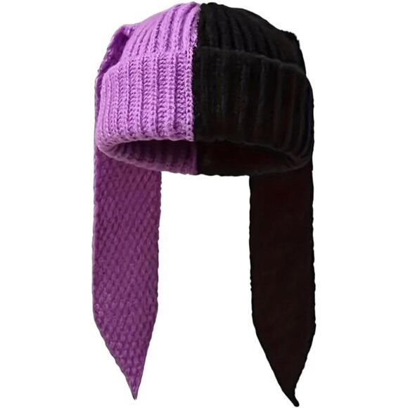 Women's Black Purple Cute Bunny Long Ears Rabbit Winter Warm Beanie Hats - Picture 5 of 6